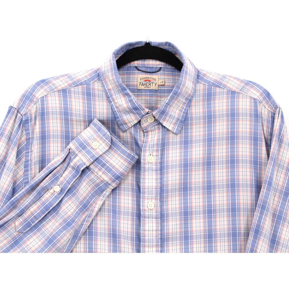 Faherty Brand Movement Shirt Mens Large Blue Pink Plaid Stretch Lightweight